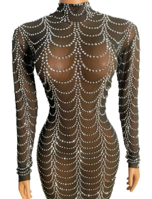 Black Mesh Sparkly Silver Rhinestones Transparent Dress Women Evening Birthday Celebrate Dance Costume Show Outfit Wear