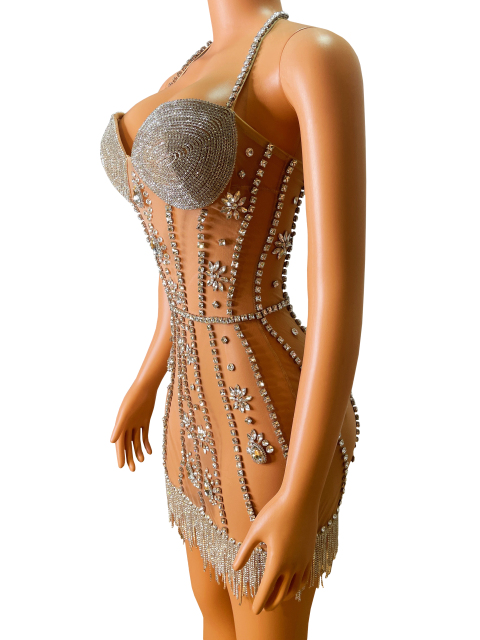 Glisten Silver Crystals Finges Transparent Dress Rhinestones Chains Outfit Costume Birthday Celebrate Sexy Stage Performance