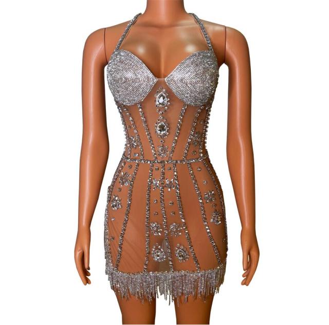 Glisten Silver Crystals Finges Transparent Dress Rhinestones Chains Outfit Costume Birthday Celebrate Sexy Stage Performance
