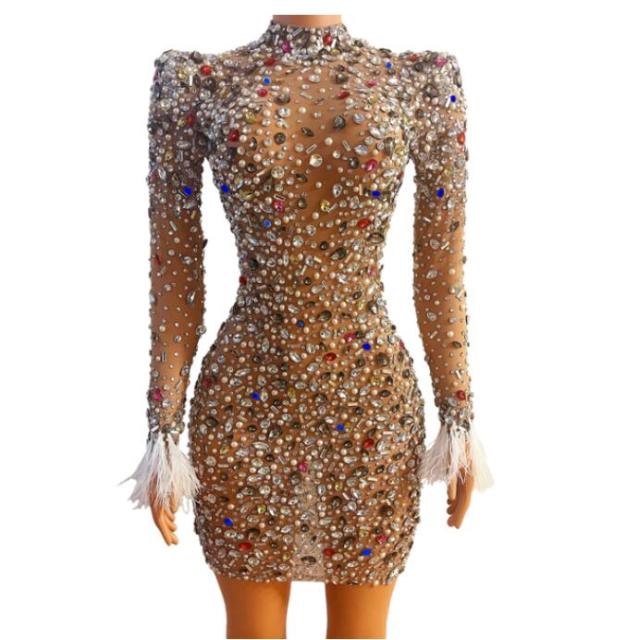 Colorful Crystals Pearls Sexy Mesh Dress Prom Evening Sexy Transparent Multicolor Rhinestones Costume Birthday Feather Sleeves