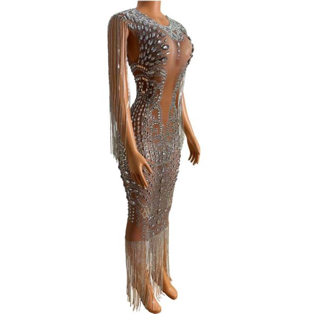 Sparkly Silver Crystals Transparent Long Dress Evening Birthday Wedding Celebrate Chain Fringes Costume Prom Party Show Dress