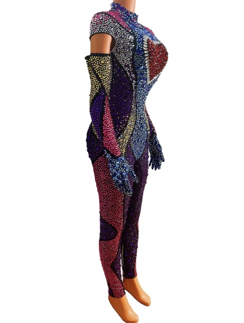 Luxurious Full Colorful Rhinestones Jumpsuit Celebrate Outfit Evening Birthday Performance Stretch Costume Rompers