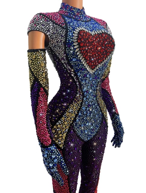 Luxurious Full Colorful Rhinestones Jumpsuit Celebrate Outfit Evening Birthday Performance Stretch Costume Rompers