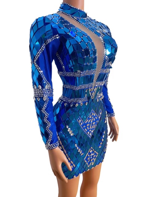 New Designed Blue Gold Mirrors Rhinestones Dress Prom Evening Sexy Dance Costume Birthday Performance Custom Made Outfit