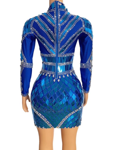 New Designed Blue Gold Mirrors Rhinestones Dress Prom Evening Sexy Dance Costume Birthday Performance Custom Made Outfit