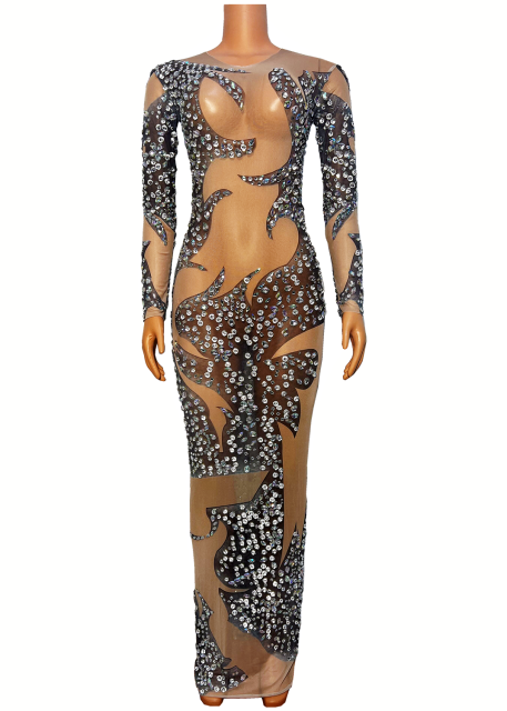 Sexy Mesh Transparent Long Sleeves Rhinestones Dress Evening Birthday Celebrate Costume Stage Dancer Performance Outfit