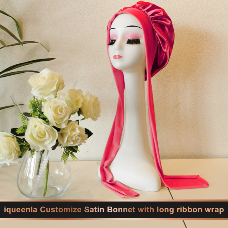 iqueenla Customize Satin Bonnet with long ribbon wrap