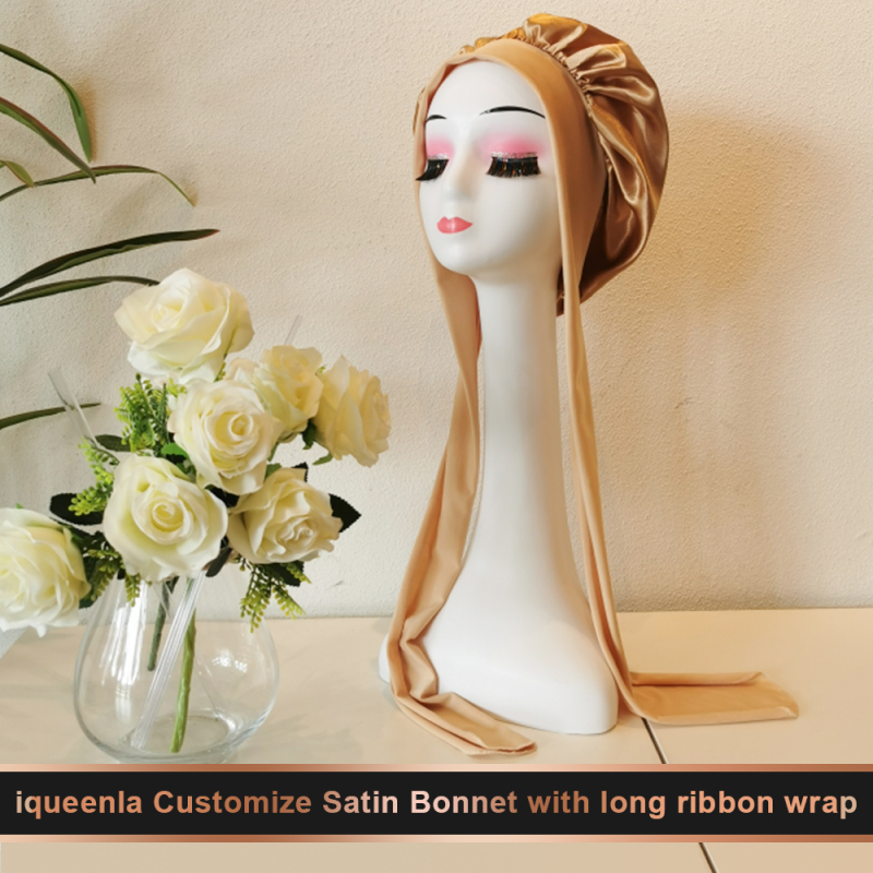 iqueenla Customize Satin Bonnet with long ribbon wrap