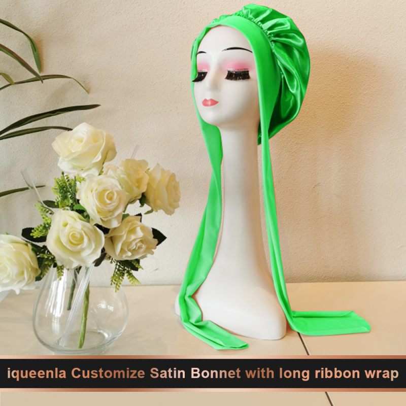 iqueenla Customize Satin Bonnet with long ribbon wrap