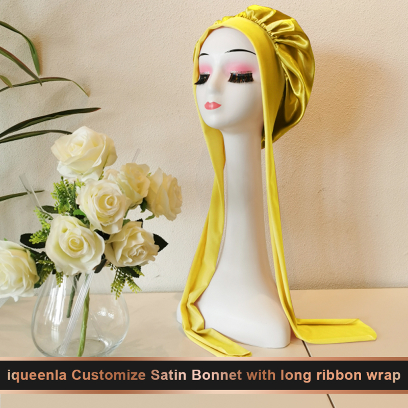 iqueenla Customize Satin Bonnet with long ribbon wrap