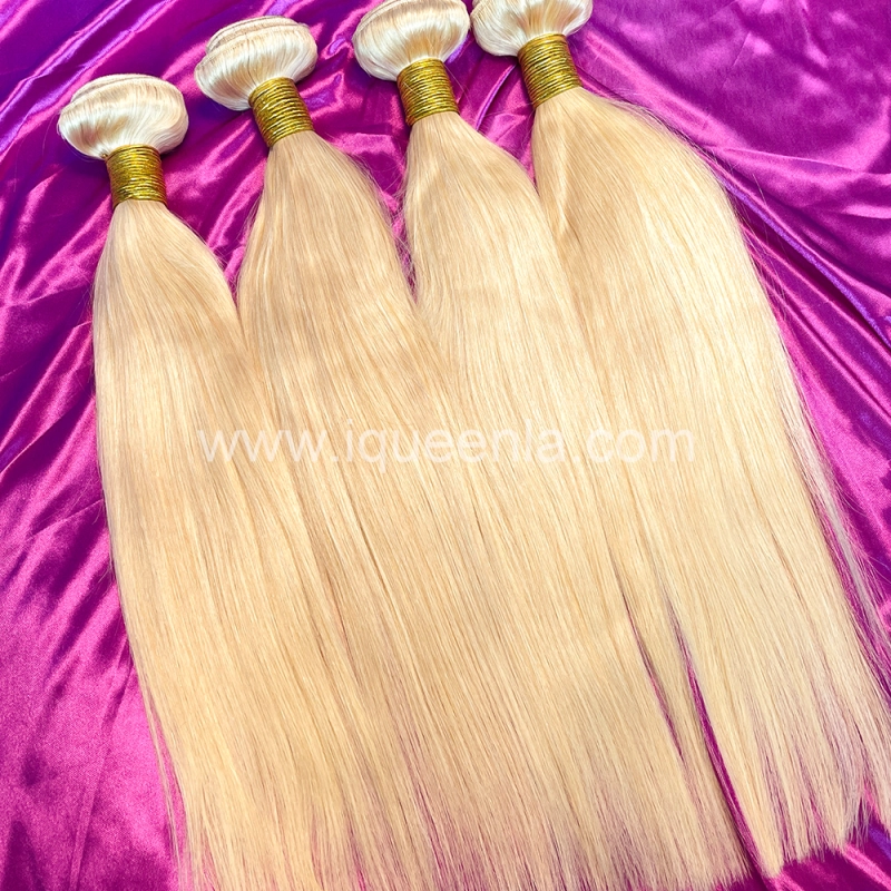 iqueenla #613 Blonde Straight Human Hair Weaves 3 Bundles for Sew In