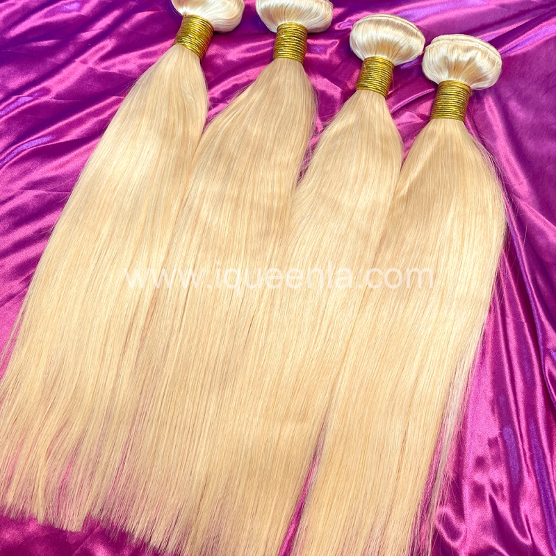 iqueenla #613 Blonde Straight Human Hair Weaves 3 Bundles for Sew In