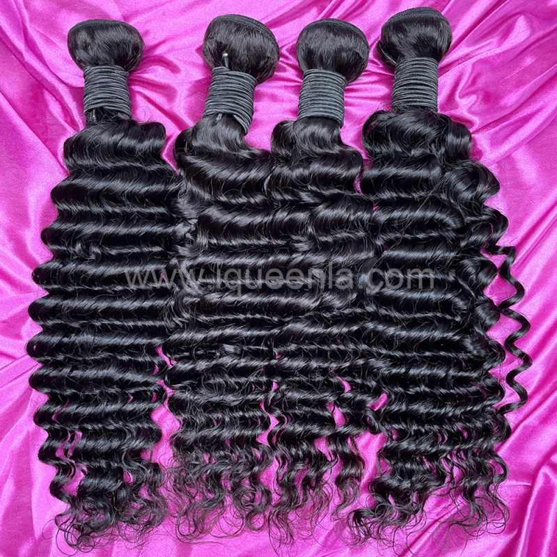 iqueenla 12A  Deep Wave Mink Hair 3 Bundles with 4x4  Transparent Lace CLosure