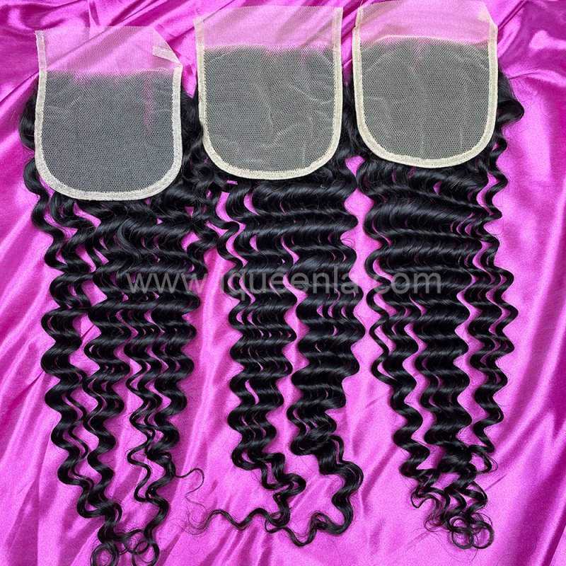 iqueenla 12A  Deep Wave Mink Hair 3 Bundles with 4x4  Transparent Lace CLosure