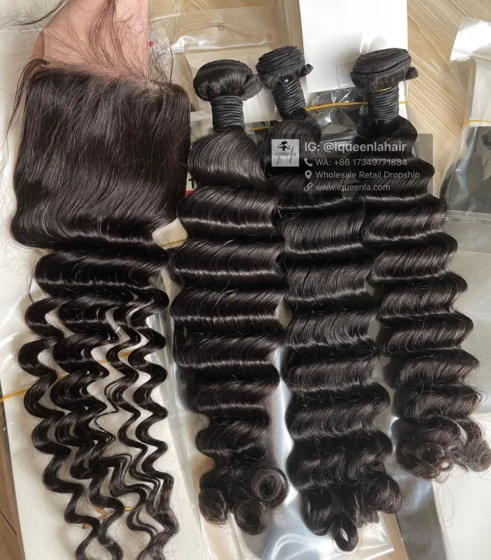 iqueenla 12A  Mink Hair Loose Deep 3 Bundles with 4x4  Transparent Lace CLosure