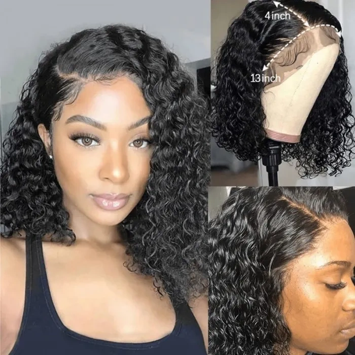 iqueenla Short Human Hair Deep Wave Bob Pre-made Frontal Lace Wig Free Shipping