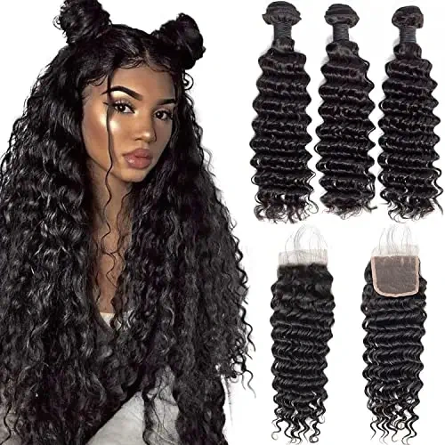 iqueenla 12A  Deep Wave Mink Hair 3 Bundles with 4x4  Transparent Lace CLosure