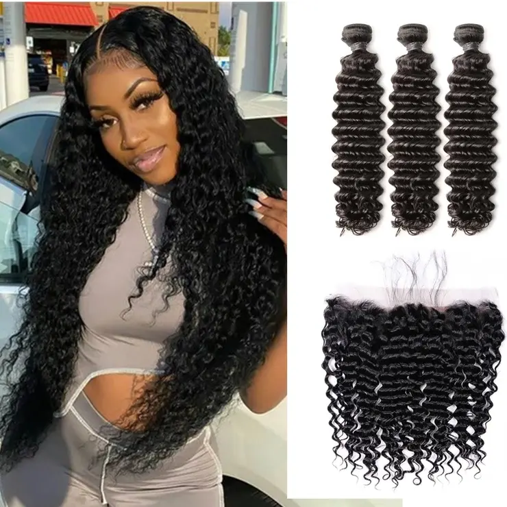 iqueenla 12A Mink Hair 3 Bundles with 13x4 Deep Wave Transparent Lace  Frontal