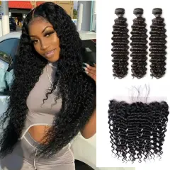 iqueenla 12A Mink Hair 3 Bundles with 13x4 Deep Wave Transparent Lace Frontal