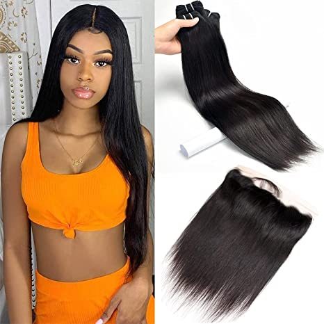 iqueenla Straight Raw Hair 3 Bundles with 13x4 Transparent Lace Frontal