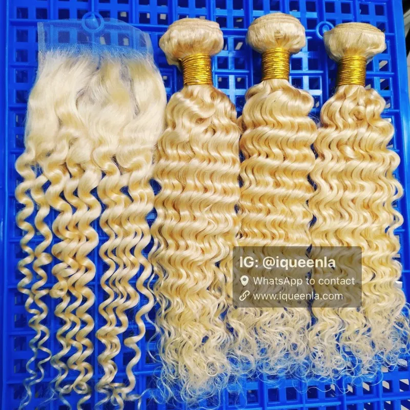 iqueenla 613 Blonde Color Deep Wave Bundles with 4x4 Transparent Lace Closure