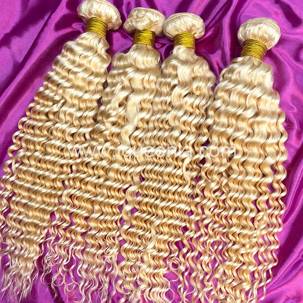 iqueenla 613 Blonde Color Deep Wave Bundles with 4x4 Transparent Lace Closure