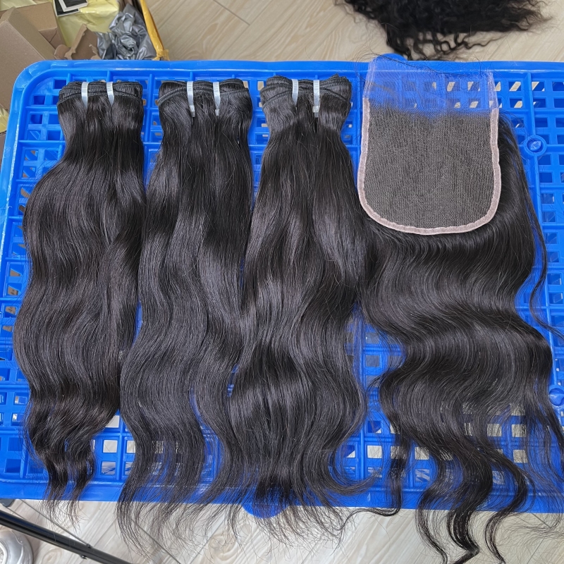 iqueenla Indian Wavy Raw Hair 3 Bundles with 4x4 Transparent Lace Closure