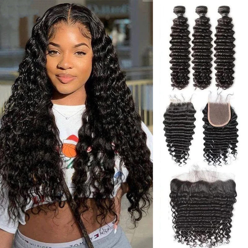 iqueenla Deep Wave 12A Mink Hair 3 Bundles with 13x4 HD Lace Frontal