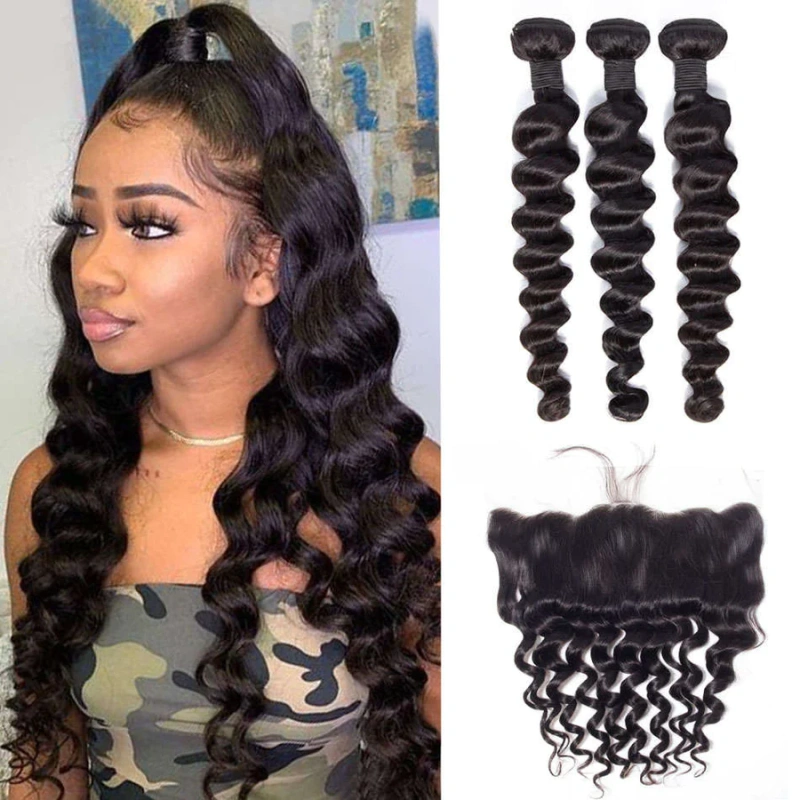 iqueenla Loose Deep 12A Mink Hair 3 Bundles with 13x4 HD Lace Frontal