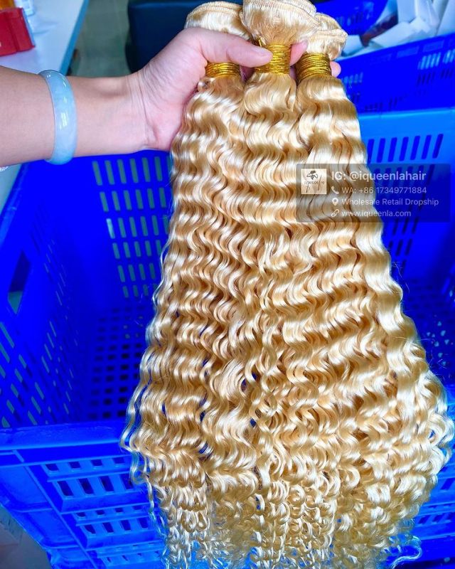 iqueenla #613 Blonde Color Deep Wave 3 Bundles Human Hair Weaves