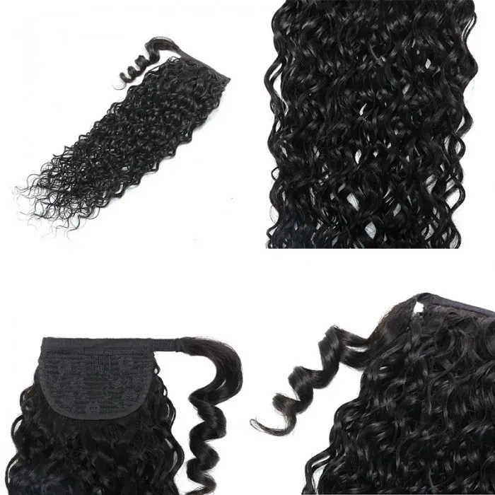 iqueenla Clip in Ponytail Extension Water Wave Human Hair Wrap Around Curly Wavy Ponytails