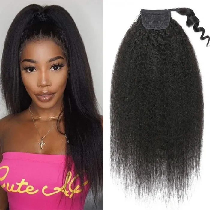 iqueenla Kinky Straight Ponytail Extensions Natural Black Ponytail Clip in for Women