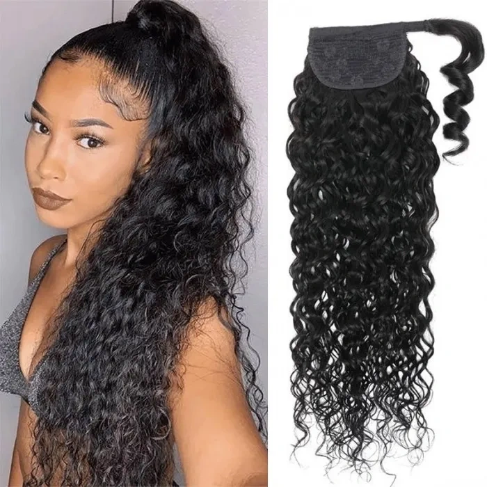 iqueenla Clip in Ponytail Extension Water Wave Human Hair Wrap Around Curly Wavy Ponytails