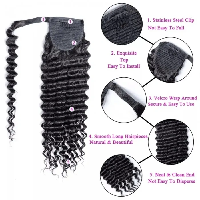 iqueenla 100% Mink Hair Deep Wave Clip In Ponytail Extension 12-30 Inch