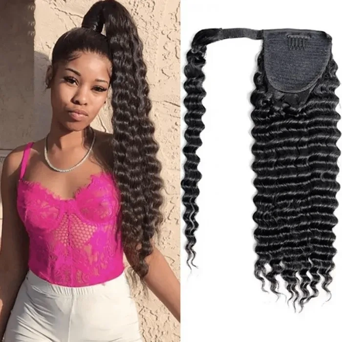 iqueenla 100% Mink Hair Deep Wave Clip In Ponytail Extension 12-30 Inch