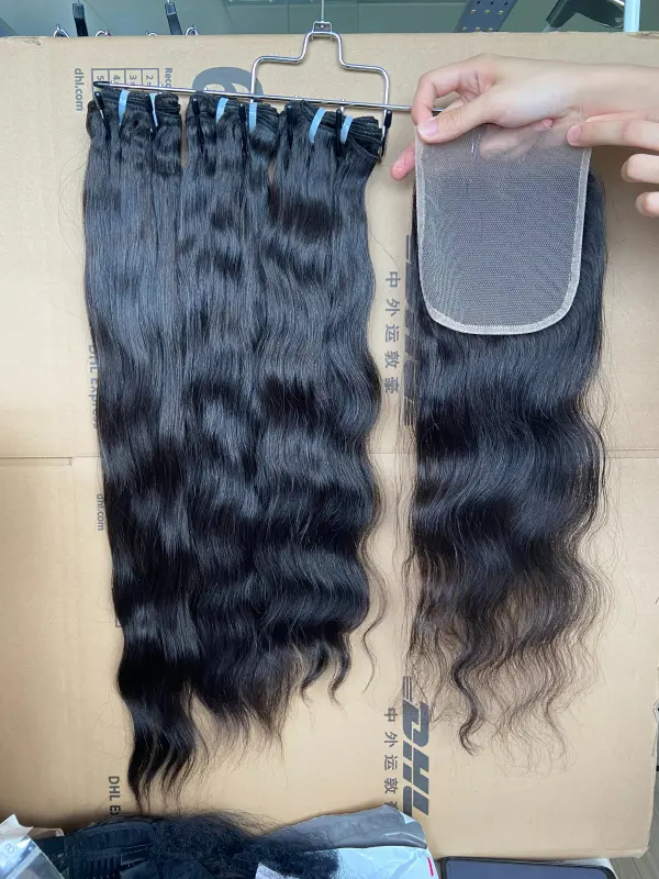 iqueenla Indian Wavy Raw Hair 3 Bundles with 5x5 Transparent Lace Closure