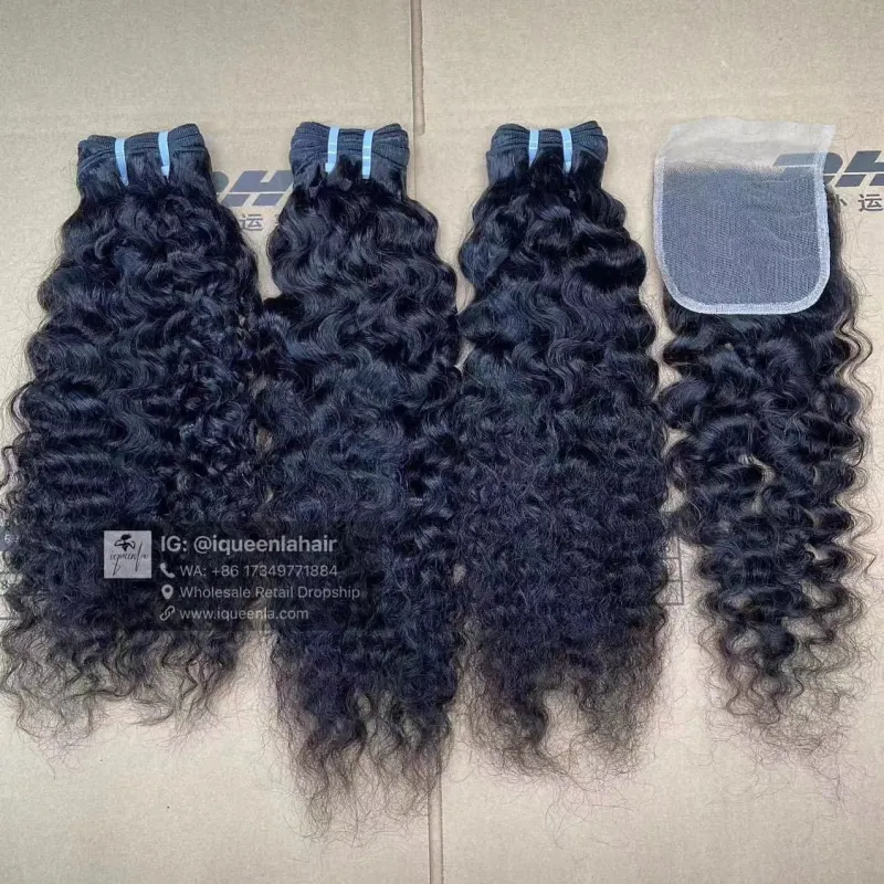 iqueenla Raw Hair Indian Curly 3 Bundles with 4x4 Transparent Lace Closure