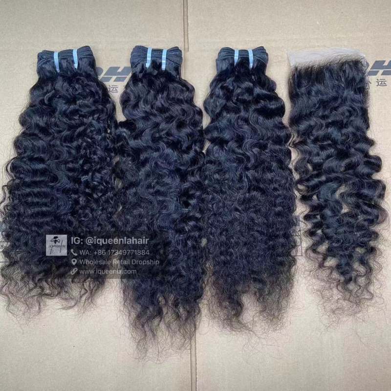 iqueenla Raw Hair Indian Curly 3 Bundles with 4x4 Transparent Lace Closure