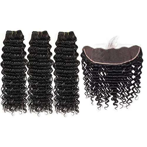 iqueenla 15A Deep Wave Virgin Hair 3 Bundles with 13x4 Transparent Lace Frontal