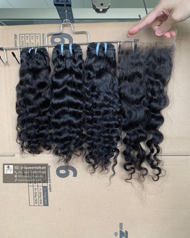iqueenla Burmese Curly Real Raw Hair 3 Bundles with 5x5 HD Lace Closure