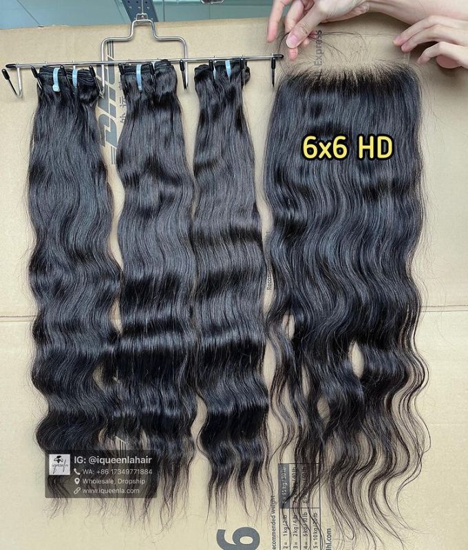 iqueenla Raw Hair Indian Wavy 3 Bundles and 6x6 HD Lace Closure