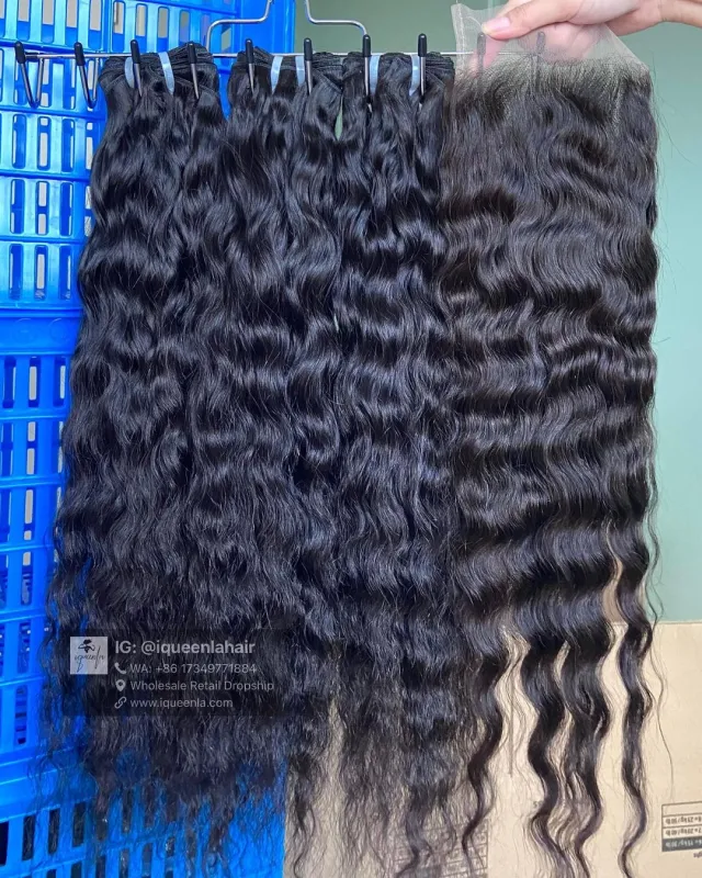 iqueenla Cambodian Wavy Raw Hair 3 Bundles with 4x4 Transparent Lace Closure