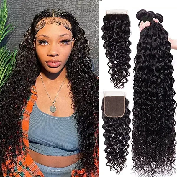 iqueenla Water Wave Hair 3 Bundles With 5x5 Transparent Lace Closure Soft 12a Mink Hair