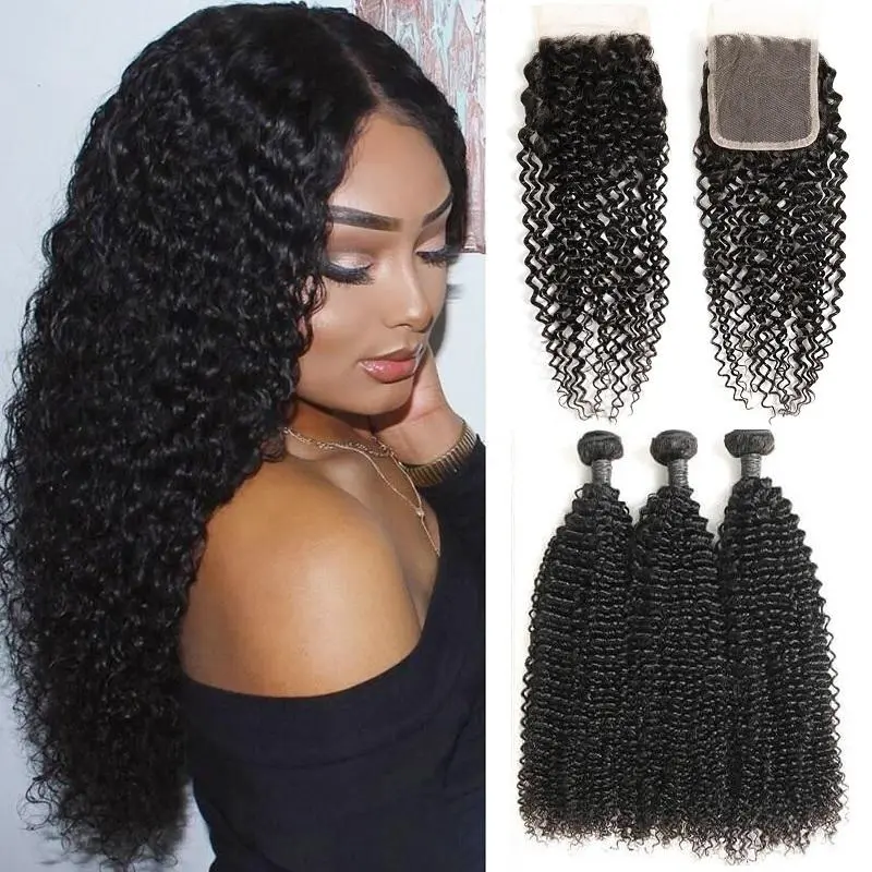 iqueenla 12A Unprocessed Mink Hair 3 Pcs Jerry Curly  With 5x5 Transparent Lace Closure