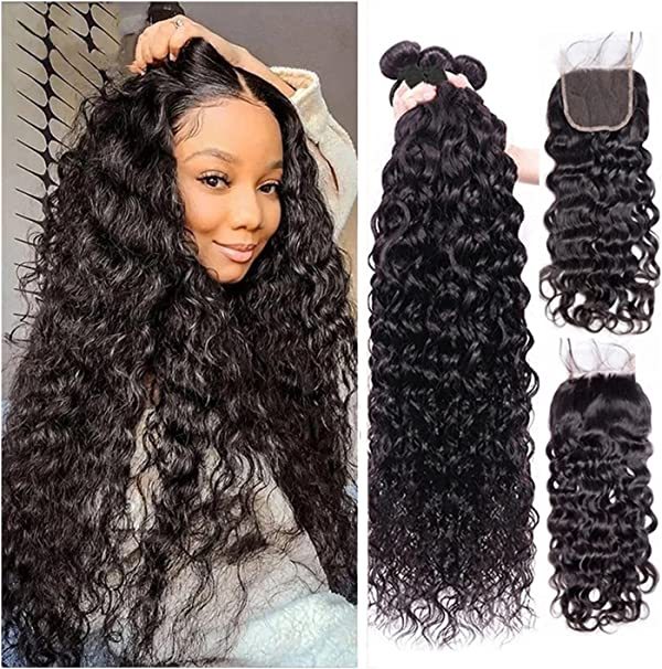 iqueenla Water Wave 12A Mink  Virgin Hair Weave 3 Bundles With 5x5 HD Lace Closure