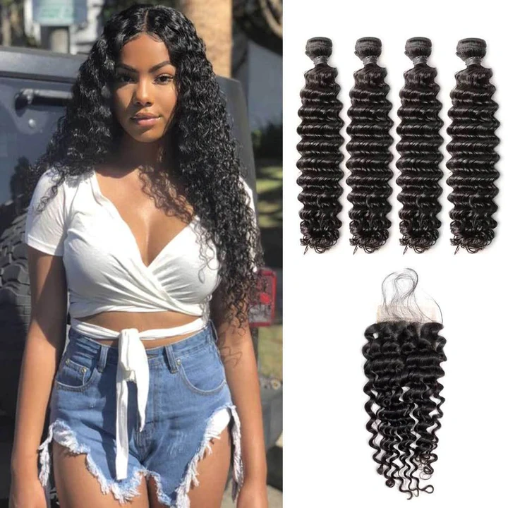 iqueenla 12A Mink Human Hair Extensions 3 Bundles Deep Wave With 5x5 HD Lace Closure