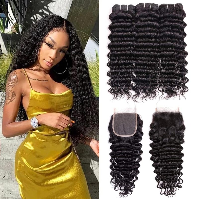 iqueenla Deep Wave 15a Virgin Hair 3 Bundles with 5x5 Transparent Lace Closure