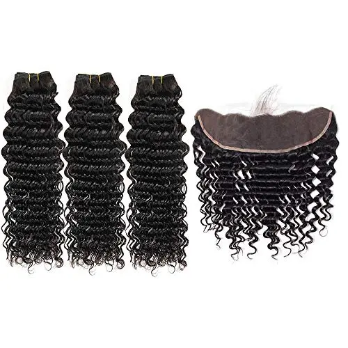 iqueenla 15A Deep Wave 3 Hair Bundles with 13x4 HD Lace Frontal
