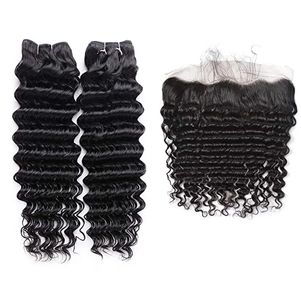 iqueenla 15A Deep Wave 3 Hair Bundles with 13x4 HD Lace Frontal