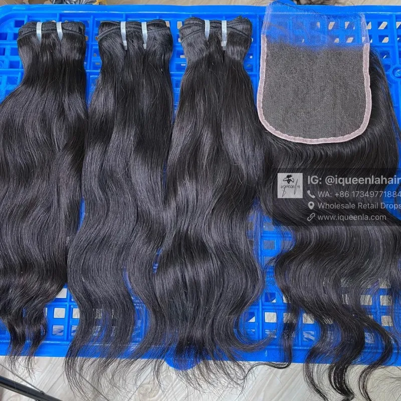 iqueenla Indian Wavy Raw Hair 3 Bundles with 4x4 Transparent Lace Closure